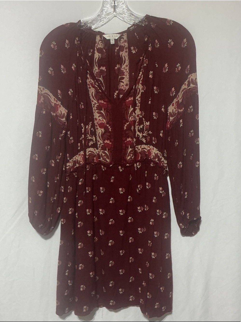 Lucky Brand Red Floral Patterned Prairie Dress Border Print Sz XS